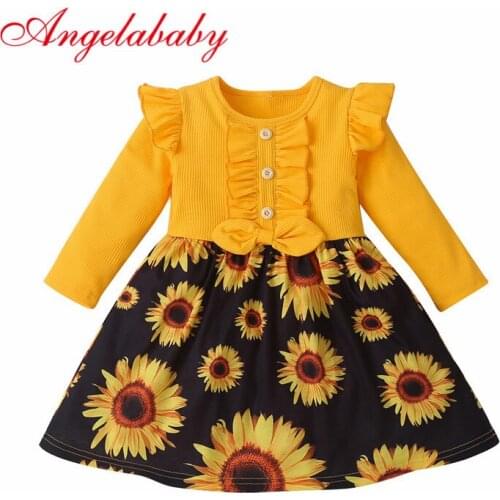 Autumn Kids Sunflowers Dresses Girls Outfits Long Sleeve Bow Dresses Print Bowknot Knee Length A-Line Dress for Children