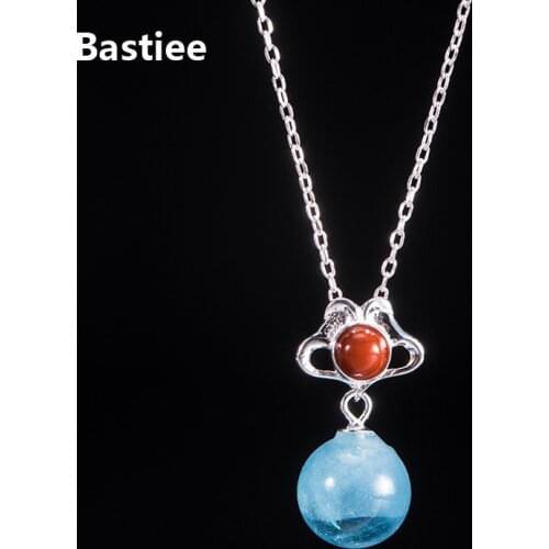 Bastiee Blue Crystal Necklace Pendant Red Agate Silver 925 Jewelry For Women Figaro Chain Chinese Antique Jewellery