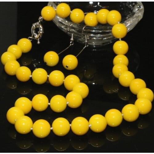Top Quality Original Design Baking Paint Glass Yellow 12mm Round Beads Necklace Earrings Set Charming Women Jewelry 18inch B2327