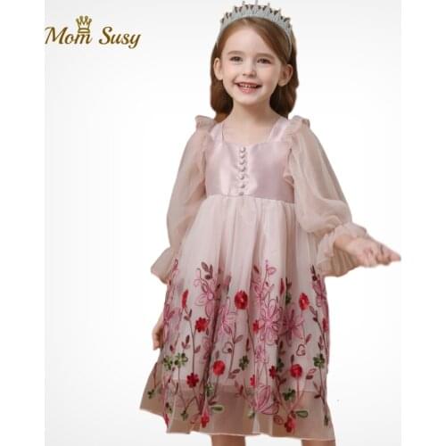 Baby Girl Princess Dress Embroidery Flower Mesh Long SleeveToddler Teen Girl Tulle Vestido Party Wedding Pageant Baby Clothes