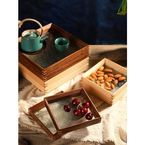 Japanese retro glass solid wood tray household tea tray fruit black walnut tray bathroom sundries storage beech wood tray
