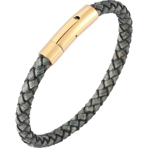 Casual Unisex Jewelry Antique Green Braided Leather Bracelet Men Women Stainless Steel Clasp Vintage Wrist Band Gifts PD0465