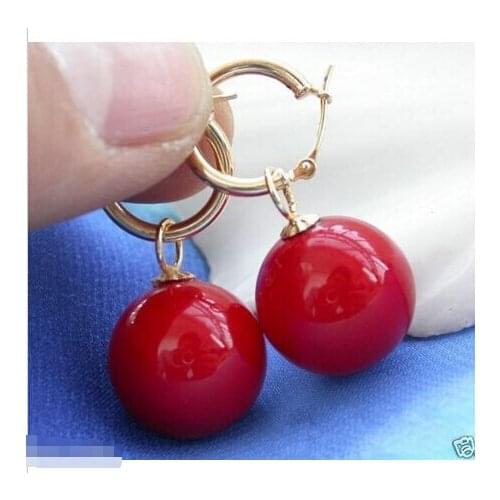 Rare Huge 14mm Tahitian Coral Red South Sea Shell Pearl Earring 14KGP