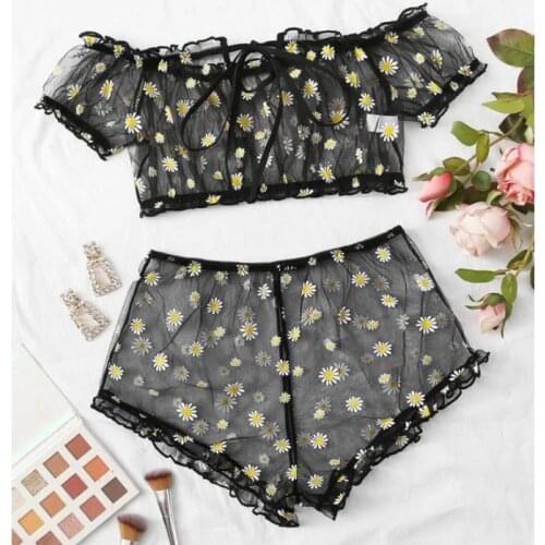 Sexy Women Lingerie Set Lace Floral Bra Shorts Set Perspective Mesh Erotic Underwear Ladies Off Shoulder Top Short Set Sleepwear