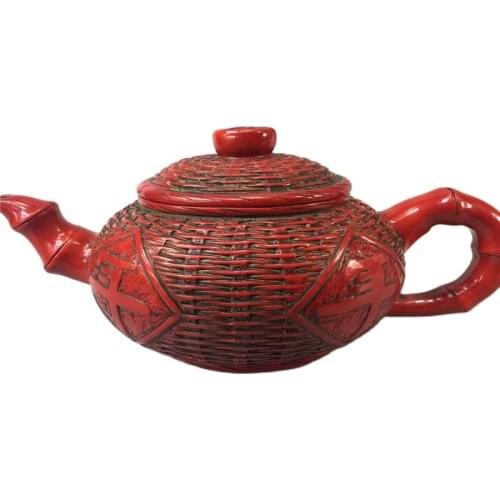 China old Beijing old goods Red coral carving Fish pot teapot