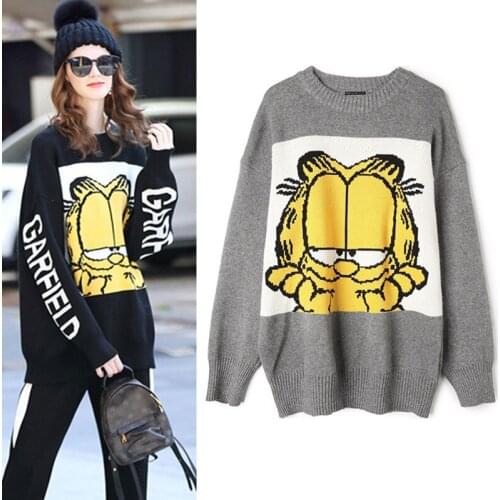 2018 women cute cartoon CAT sweater contrast color loose preppy style casual party knitting pullover GREY sweaters female NS08