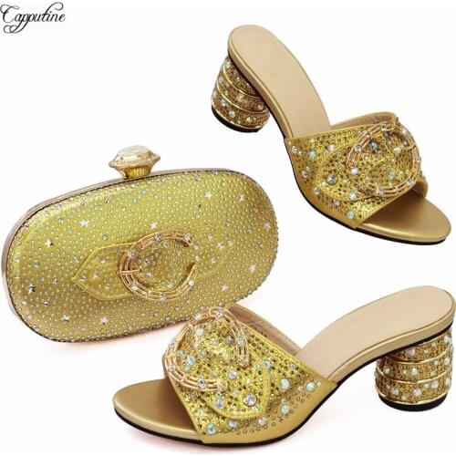 Gold High Heels Women Shoes With Bag African Ladies Summer Slippers Pumps And Handbag Set Sandals Purse Zapatos CR127 5.5CM