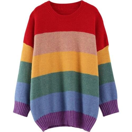 PERHAPS U Women Sweater Knitted Pullovers Long Sleeve Rainbow Colorful Striped O Neck Loose Winter M0056
