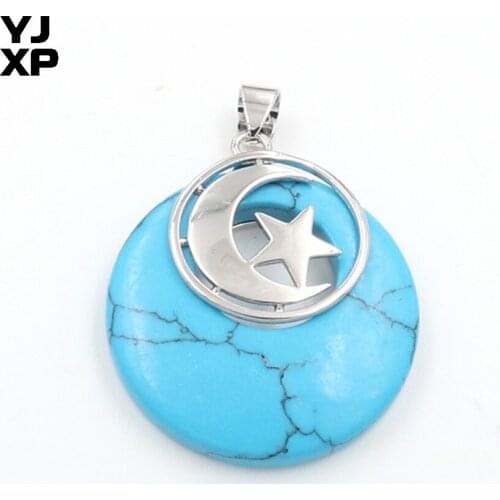 YJXP Silver Plated Round Hollow with Star Pendant Half Moon Blue Turquoises Stone Vintage Jewelry