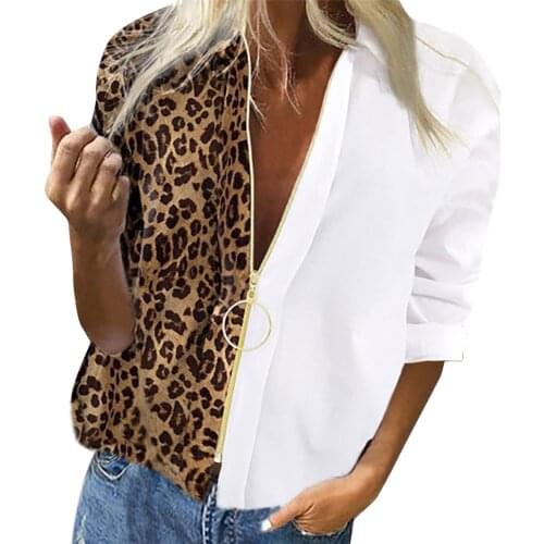 Ladies Fashion Casual Leopard Print Non-Positioning Printing Blouses Hit Color Stitching Lapel Zipper Long Sleeve Shirt Top