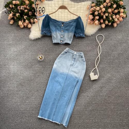 Two Piece Set Summer Denim Skirts Suits For Women 2021 Gradient Color Sexy Crop Tops And High Waist Split Skirt Women Outfit