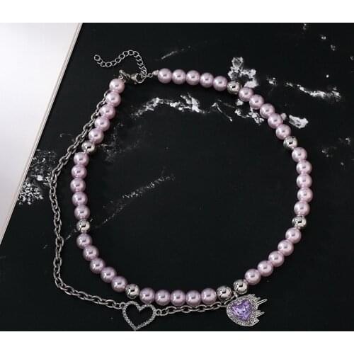Goth Purple Imitation Pearl Beaded Choker Crystal Heart Pendant Necklaces for Women Korean Fashion Chains Collares Kpop Jewelry