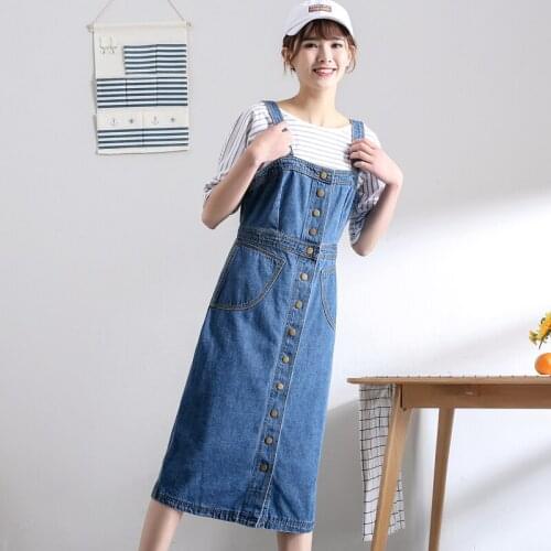 2021 Sexy Sleeveless Strap Jeans Dress Women Single-Breasted Suspender Denim Sundress Overall Dress