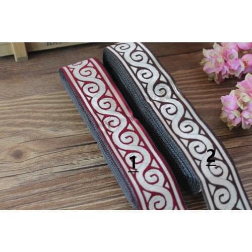 33mm wide 10yards Polyester Geometric folk style Woven Jacquard Ribbon in red and bronw