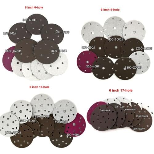 5pcs 6 Inch 150mm 6/9/15/17 Holes Ceramics Abrasive Red Wet Dry Sanding Sponge Flocking Sanding Discs Sandpaper 300-2000 Grit