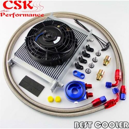 8AN 30 Row Universal Engine Oil Cooler w/ AN-8 Filter Adapter Hose Kit +7" Universal Fan kits