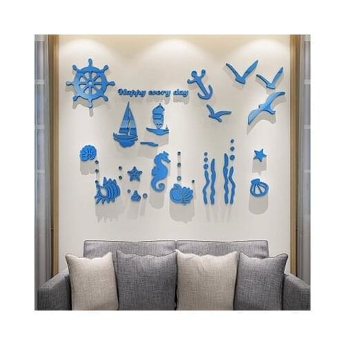 New arrival Ocean acrylic 3d wall stickers Child room stereoscopic decoration Cartoon Sailing A hippocampus Home art decor