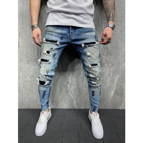 European and American new style mens self-cultivation ripped feet pants new style mens paint denim mens pants