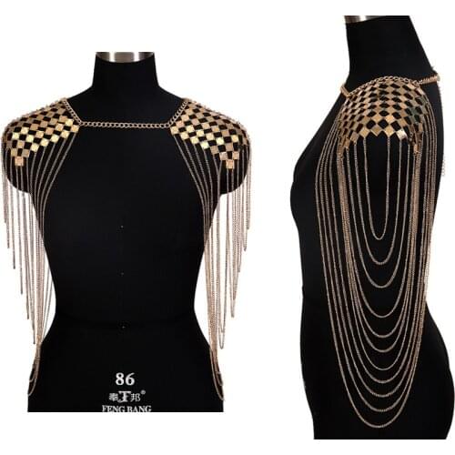 Gold Metal Chain Sequin Epaulette Shoulder Tops Sexy Harness Tassel Body Chain for Women Bikini Beach Gothic Rave Jewelry
