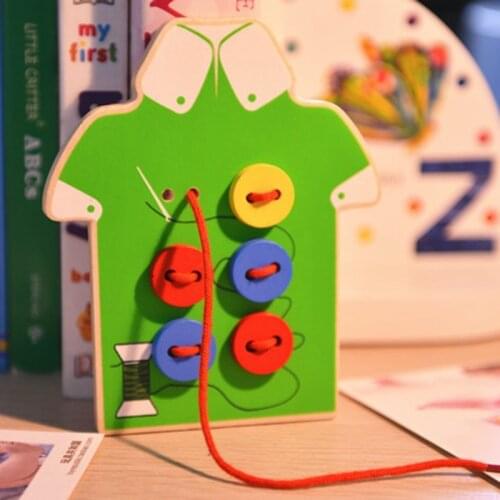 Montessori Kids Cute Wooden Dress Clothes Puzzle Toy DIY Wear Stitching Button Threading Board Game Toy For Girls Boys Gifts