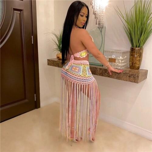 Hirigin Striped Knitted Crochet Hollow Out Women Swimwear Bikini Cover Ups 2021 Halter Lace-up Bra High Waist Tassels Skirts