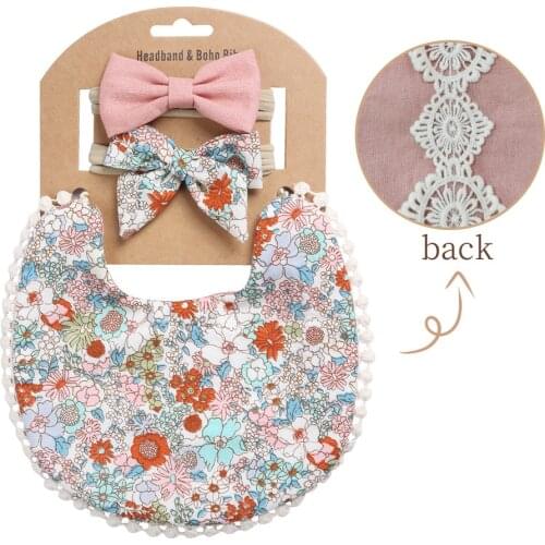 Korean Style Infant Baby Cotton Bibs With Bow Tie Hairband Set Soft Linen Cotton Floral Print AB Side Drooling Towel Accessories