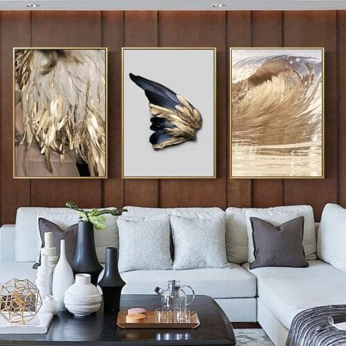 Fancy Golden feather a Butterfly wing Great waves modern decorative Picture Canvas Wall Art Poster for room hotel office decor