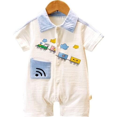 Girls boys baby onesies summer romper romper clothes baby summer clothes lapel cartoon car cute thin bag fart clothes