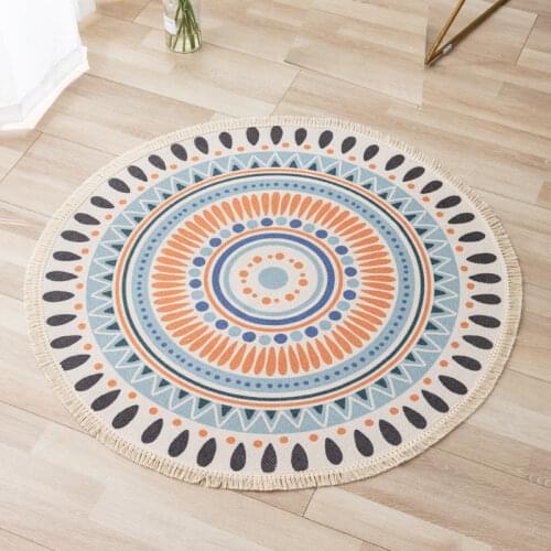 Retro Round Carpet For Living Room Bedroom Cotton Linen Tassels Rug Yarn Dyed Tapestry Mat Home Decoration