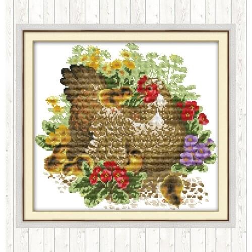 Chicken Mother and Chick Cotton Thread Embroidery Needlework Set Wall Home Decor Cross Stitch Kit Patterns DIY Needlework Crafts