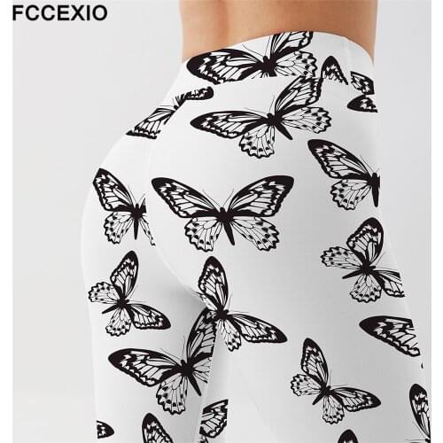 FCCEXIO Simple Black Butterfly 3D Print Women Fashion High Waist Workout Pant Plus Size Fitness Slim Soft Stretch Sexy Leggings