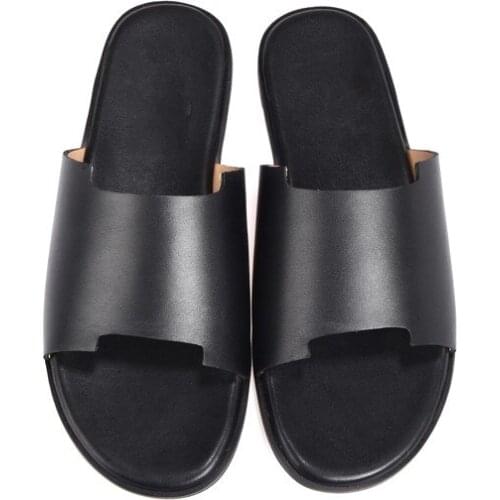 Soft Leather H Letter Slippers for men Flat heel Leather Summer Beach Sandals Big Size euro 38-46