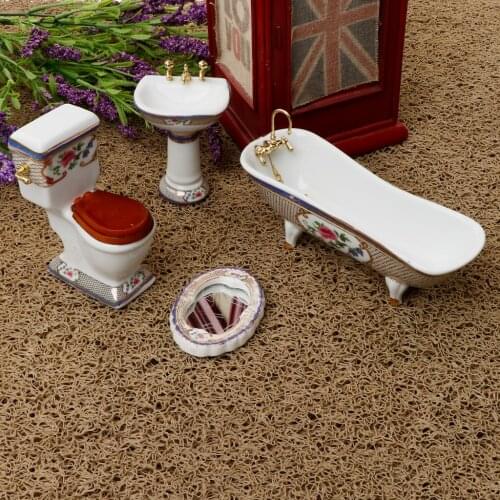 4 Pieces 1:12 Miniature Dollhouse Bathroom Supplies Set Bathtub Toilet Sink Mirror Accs #3