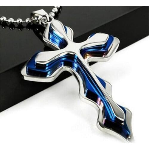 New Domineering Mens Cross Pendant Stainless steel Necklace Blue Mens Titanium Steel Necklace
