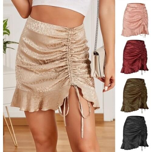 Autumn Drawstring pleated leopard print skirt For womens summer bottom zipper skirt female sexy jacquard satin mermaid skirts