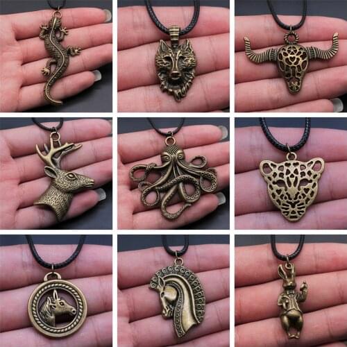 Animal Black Leather Necklace Elephant Wolf Dragon Horse Gecko Lizard Pendant Necklace For Women Men Boy Girls