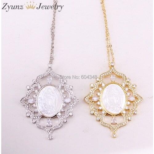 5 Strands ZYZ323-8697 CZ micro Pave Oval Mary Jesus MOP shell Focal Necklace, white gold /silver color mother of pearl pendant
