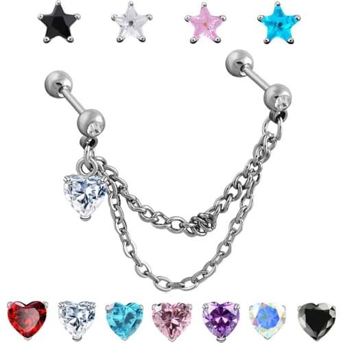 1Pc Top Zircon Heart Star Helix Piercing Tassel Earrings Tragus Piercing Cartilage Earrings Stainless Steel Ear Piercing Jewelry