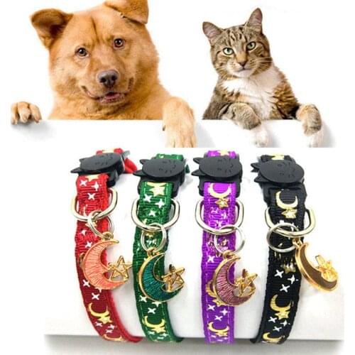Dog Chain Kitten Collar Gato Suministros Perro Mini Adjustable Cat Star Moon Pendant Print Fashion Webbing Puppy Supplies