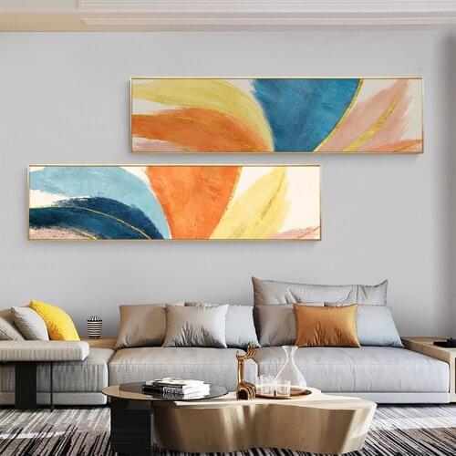 Modern Colorful Orange Yellow Blue Abstract Poster Golden Line Canvas Painting Wall Art Picture Print For Living Room Home Decor