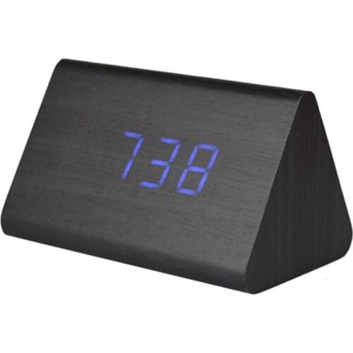 Mini Triangle Led Wood Alarm Clock Temperature Mute Voice Control Fashion Creative Electronic Watch Black Wood Blue Light