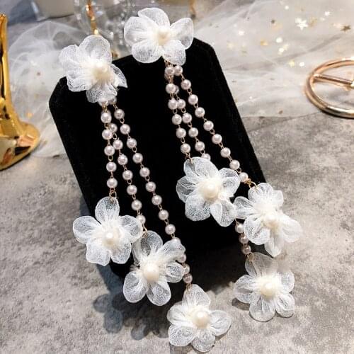 Gorgeous White Lace Flower Butterfly Long Pearl Tassel Drop Earrings For Women Temperament Jewelry Gift