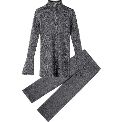 Spring and autumn and winter new womens Korean fashion temperament-based stretch wide-leg pants knitted two-piece suit TB940
