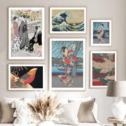Vintage Japanese Geisha Sakura Wave Wall Art Canvas Painting Nordic Posters And Prints Wall Pictures For Living Room Decoration