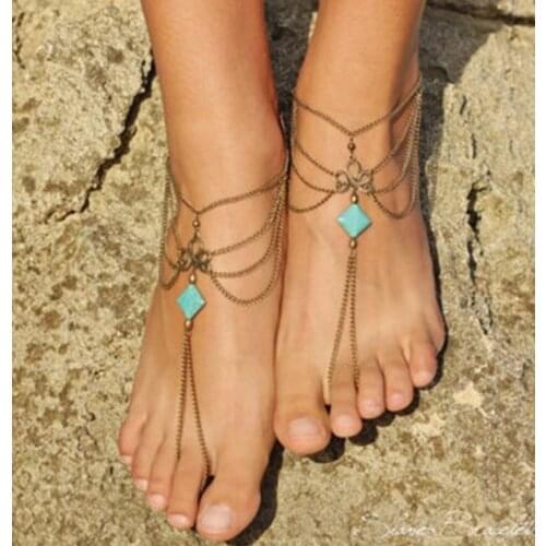 Vintage Antique Gold Multilayer Chain Anklets Summer Beach Bohemia Toe Ring On Leg Ankle Anklets for Women Charm Foot Jewelry