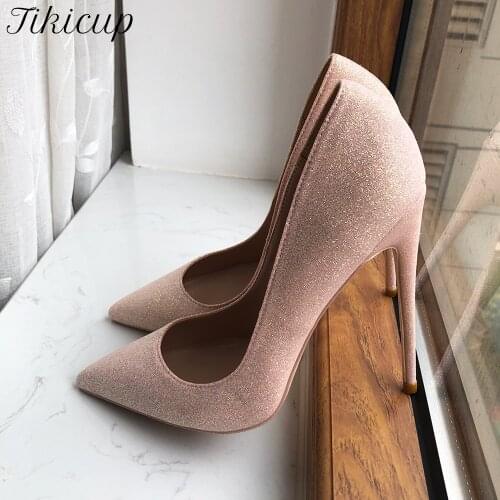 Tikicup Glitter Sequins Women Sparkly Pointy Toe High Heel Wedding Bridal Shoes Pink Green Ladies Stiletto Pumps Size 33-45