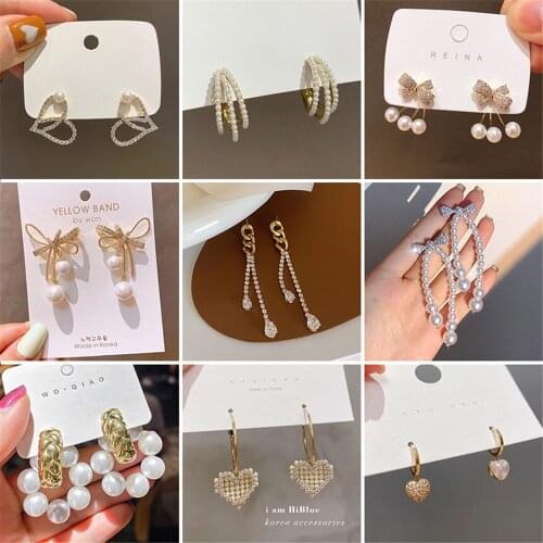 New Fashion Elegant Wild Long Rhinestone Pearl Bow Heart Shaped Dangle Earrings Set For Female Women Earings Dress Decor