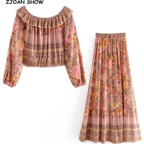 Holiday Ruffle Elastic Slash neck Floral Print Crop top Orange Women Elastic Waist Maxi Long Skirt Short Shirt BOHO 2 Pieces Set