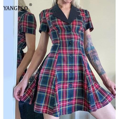 Yangelo Harajuku Y2k Plaid Dress Women 2021 Summer Slim Casual Street Fashion Vintage High Waist Suit Collar Mini Dress Woman