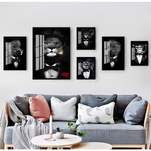 Animals Canvas Paintings On the Wall Art Pictures Funny Animal Black White Lion In Suit Canvas Art Posters And Prints Abstract